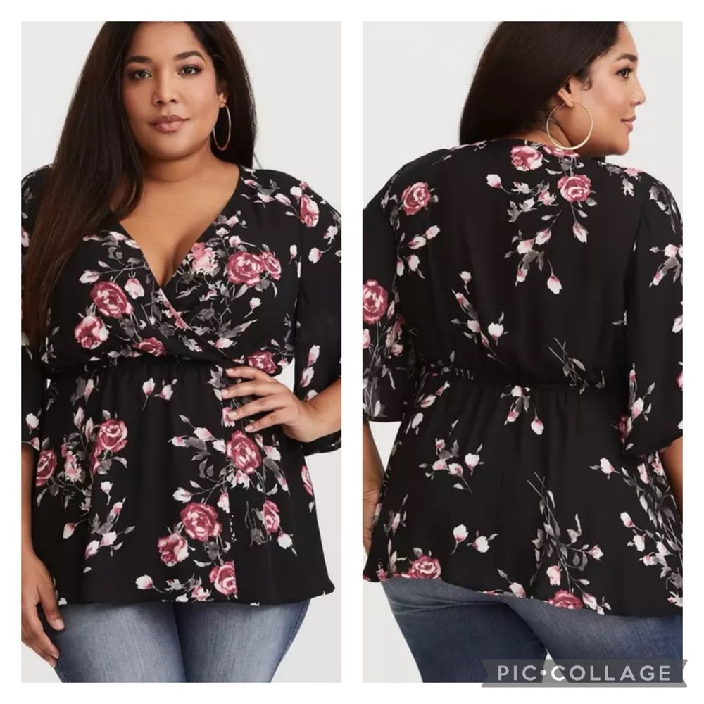 EUC Torrid Lily Babydoll Georgette Surplice Blouse in Black Floral